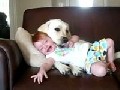 Hund und Baby beim Spielen